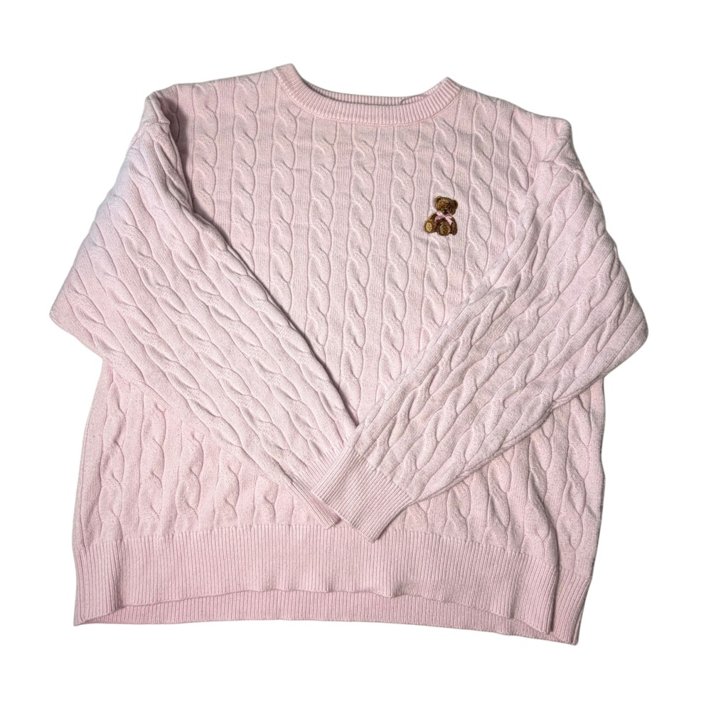 Urban Weekend Pink Cable Knit Teddy Bear Sweater Crewneck Cozy Coquette PreppyXL - Picture 2 of 6